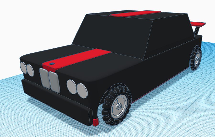 Finished car body design, rendered in Tinkercad