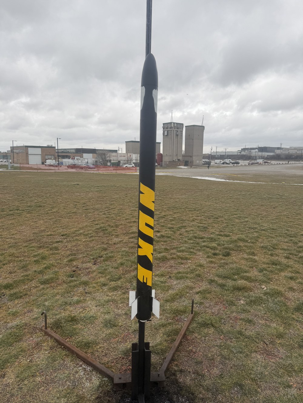 The team’s rocket, “NUKE”, standing on its launch rail
